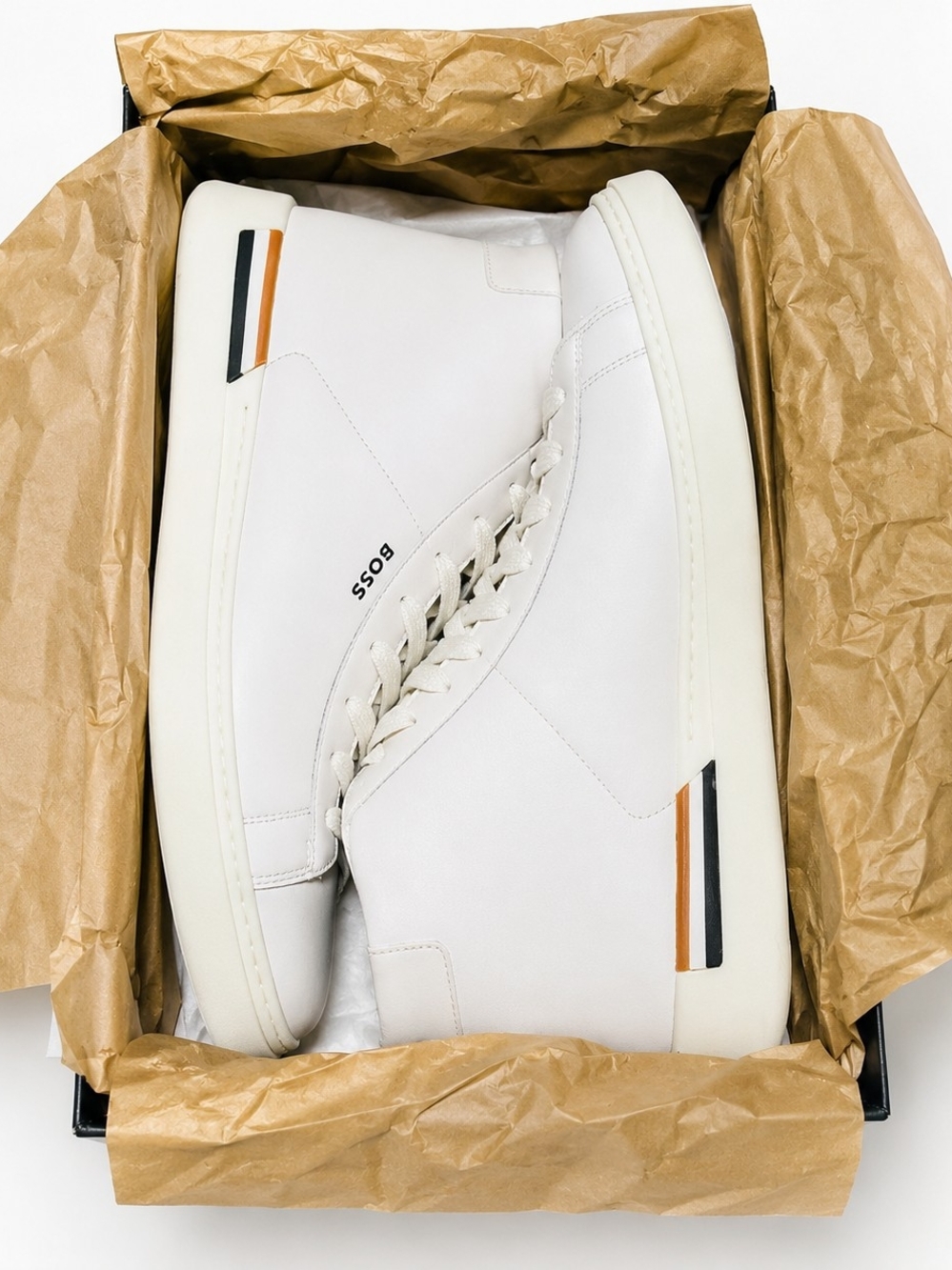 Hugo Boss White Leather High-Top Sneakers with Black and Tan Accents - Picture 1 of 8